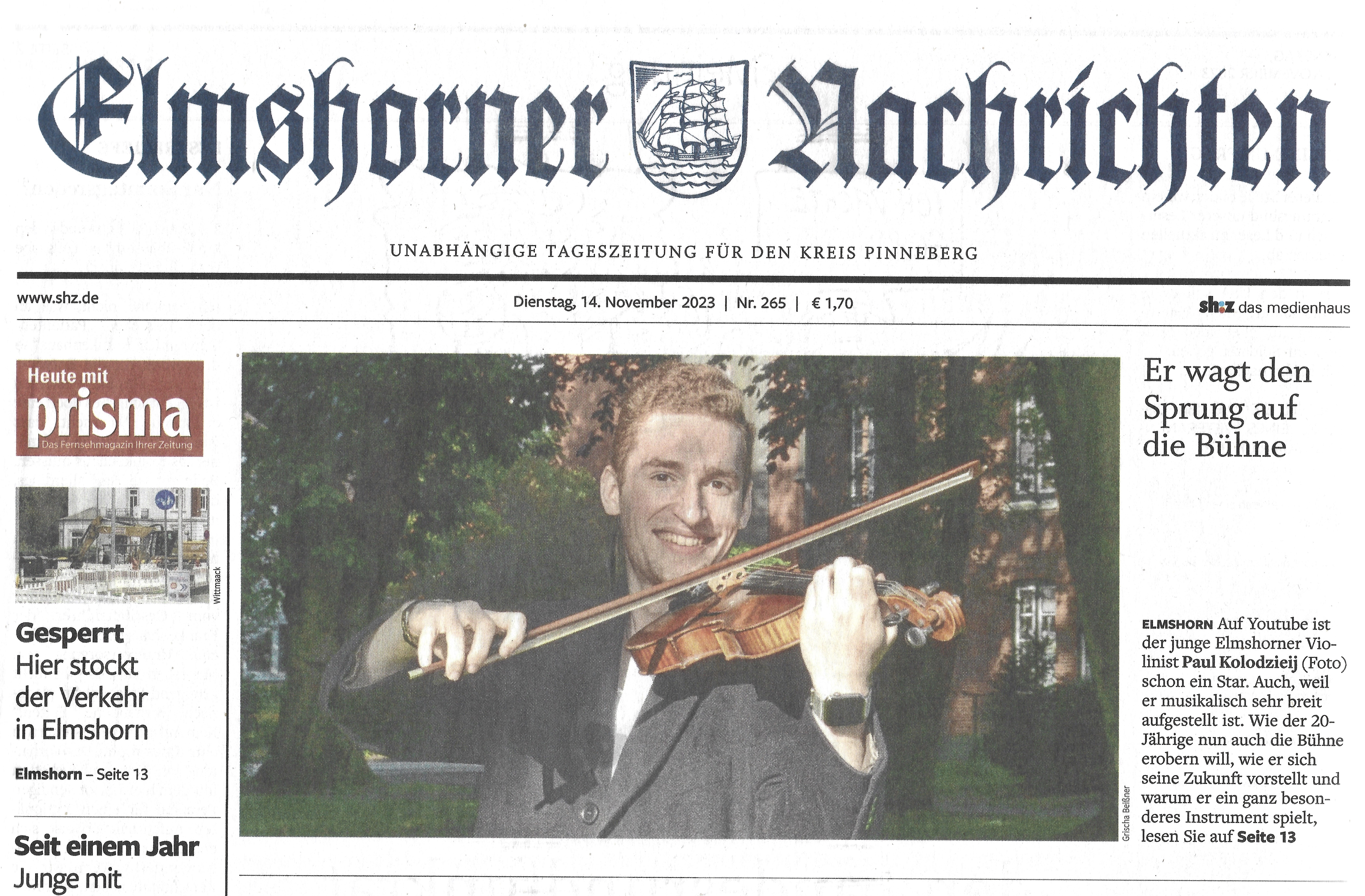 Paul Kolodziej (Violinist) on the front page of SHZ Elmshorner Nachrichten